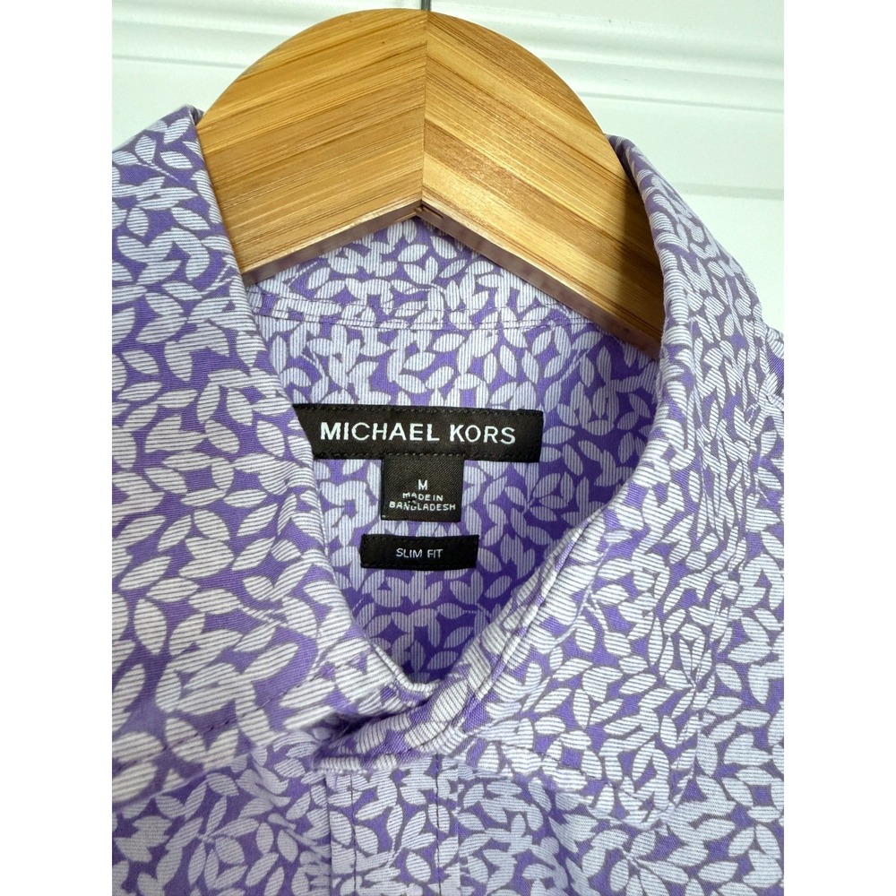 Michael Kors Mens Lavender Leaf Print Slim Fit Short Sleeve Button Down Shirt M